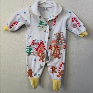 Carter's Gingerbread & Candy Print Fleece One-Piece — White with Yellow Accents